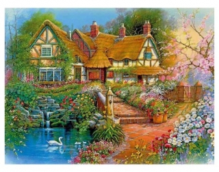 Diamantové vyšívání Obrazy s kamínků KAMÍNKY JSOU PO CELÉ PLOŠE stavení rybníček > 30x40cm