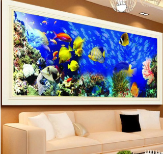 Kamínkové vyšívání Obrázek s kamínků Vyšívací sada s kamínky diamantové vyšívání akvárko rybičky > 40x100cm
