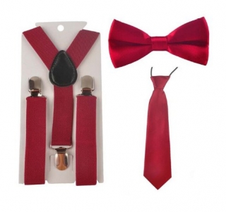 Kšandy šle + motýlek + kravata DĚTSKÉ 2,5cm široké set = 3ks červená tmavě