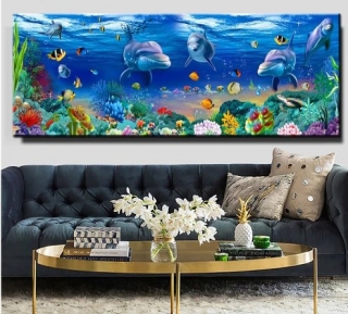 Kamínkové vyšívání Obrázek s kamínků Vyšívací sada s kamínky diamantové vyšívání delfíni akvárko > 20x60cm