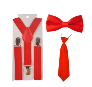 Kšandy šle + motýlek + kravata DĚTSKÉ 2,5cm široké set = 3ks červená