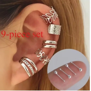 Náušnice  klipsy piercing na ucho nasouvací stříbrná 9 ks