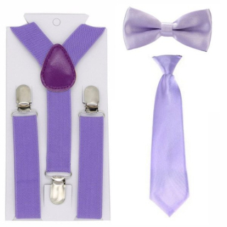 Kšandy šle + motýlek + kravata DĚTSKÉ 2,5cm široké set = 3ks > varianta Fialová světle